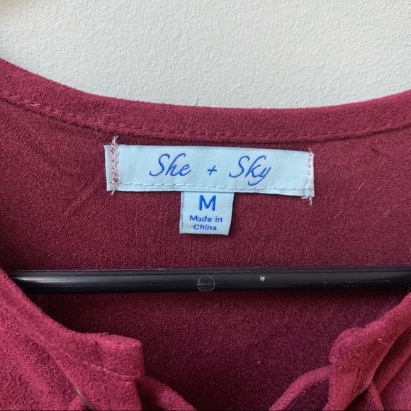 Maroon Suede Lace Up Bell Sleeve Dress - Picture 3 of 7